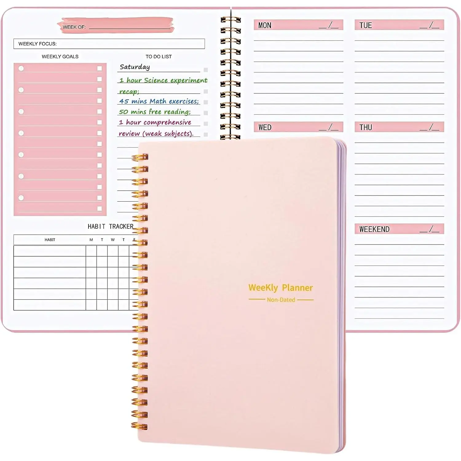 Undated Weekly Planner, A5 Personal Goals Journal Non Dated Weekly Planner  Notebook with Goal Habit  Organizer, Cute Undated Week Planners with Spiral Binding for  School Work