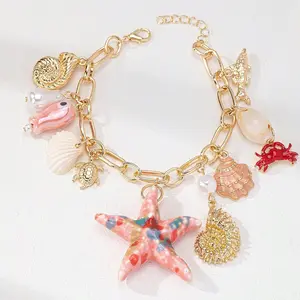 Coastal Summer Plated Stainless Steel Charm Bracelet - Starfish, Shell, Crab, Turtle Charms, 7.09in+1.18in Adjustable Chain, Fashion Costume Jewelry Bracelet for Beach Outfits