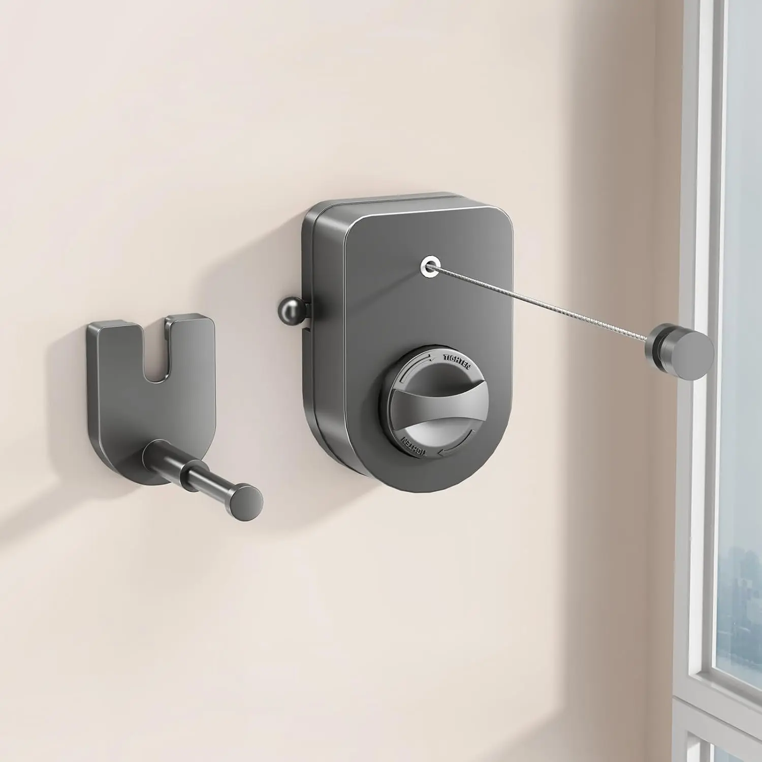Heavy Duty Wall-Mount Gray Synthetic Retractable Clothesline with Telescopic Rod - 13.7 Ft Space-Saving Laundry Line for Indoor/Outdoor Use
