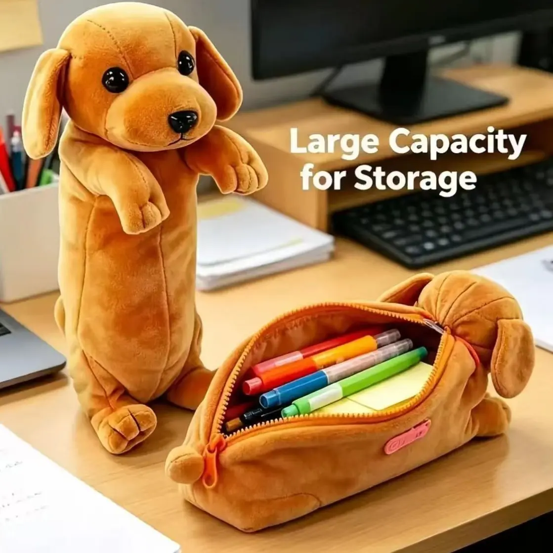 Cute Weiner Dog Plush Pencil Case, Large Capacity Dog Shape Pen Holder, High Aesthetic Student Organizer, University Stationery, Desk Decor, Fun Item, Back-To-School Gift