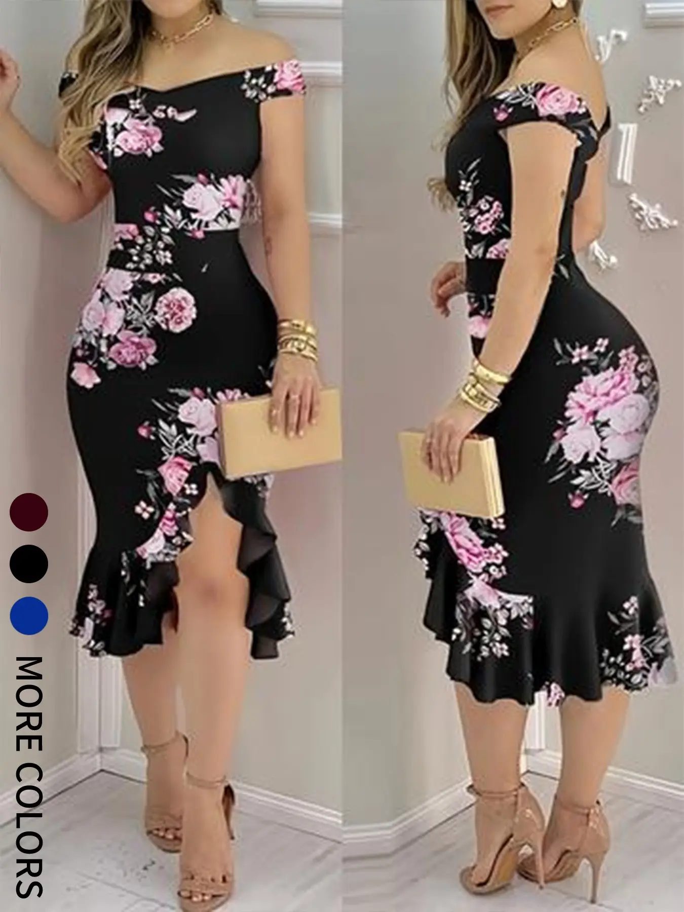Elegant Off-Shoulder Floral Bodycon Midi Dress, Formal Evening Party and Wedding Guest Dress, Plus Sizes Available