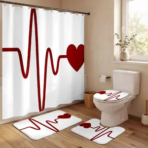 4Pcs Shower Curtain Set - Romantic ECG Pulse Line Bathroom Decor, Love Rhythm Design Perfect for Valentine's Day, Anniversary, Wedding, New Home Gifts, Modern Minimalist Aesthetic