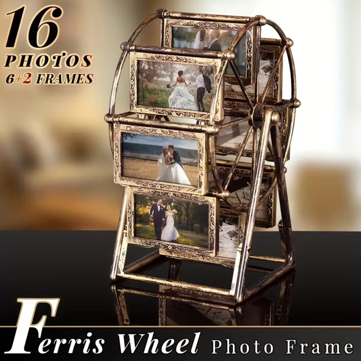Vintage Rotating Ferris Wheel Photo Frame, 8 4-Inch Frames, Abs Plastic, Decorative Gift for Home, Valentine's Day, Birthday, Christmas