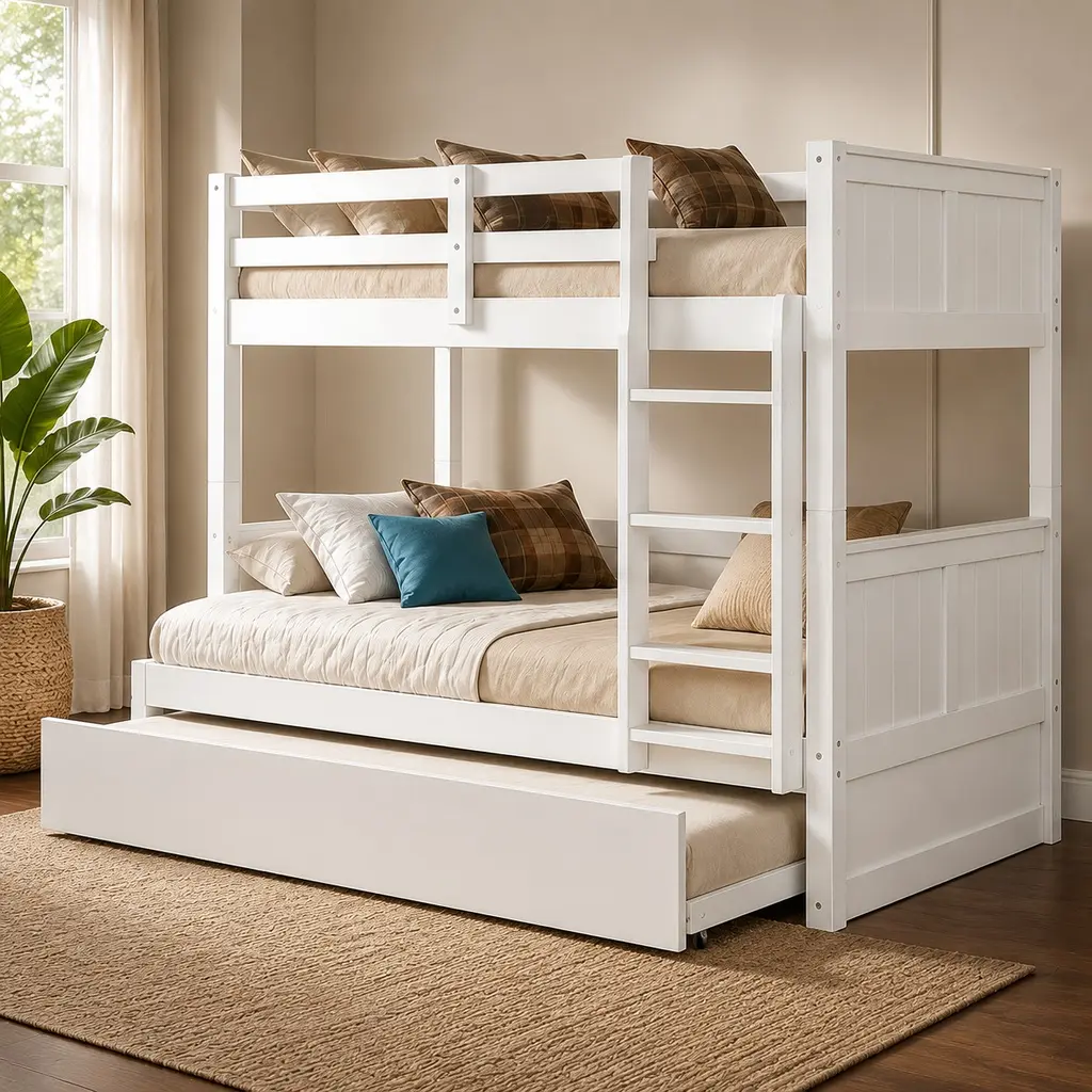ARCH Full Over Full Bunk Bed with Twin Trundle, Solid Wood, White, Space-Saving Design, Converts into Two Separate Beds, Multiple Color Options