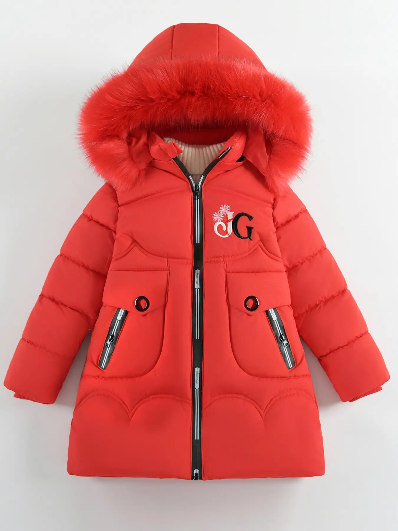 Cute Girls' Cotton Coat, Winter Snow Jacket, Warm Thick Casual Cold-Weather Outerwear, Embroidered Style, Kids' Top, Toddler Jacket, 1 Piece