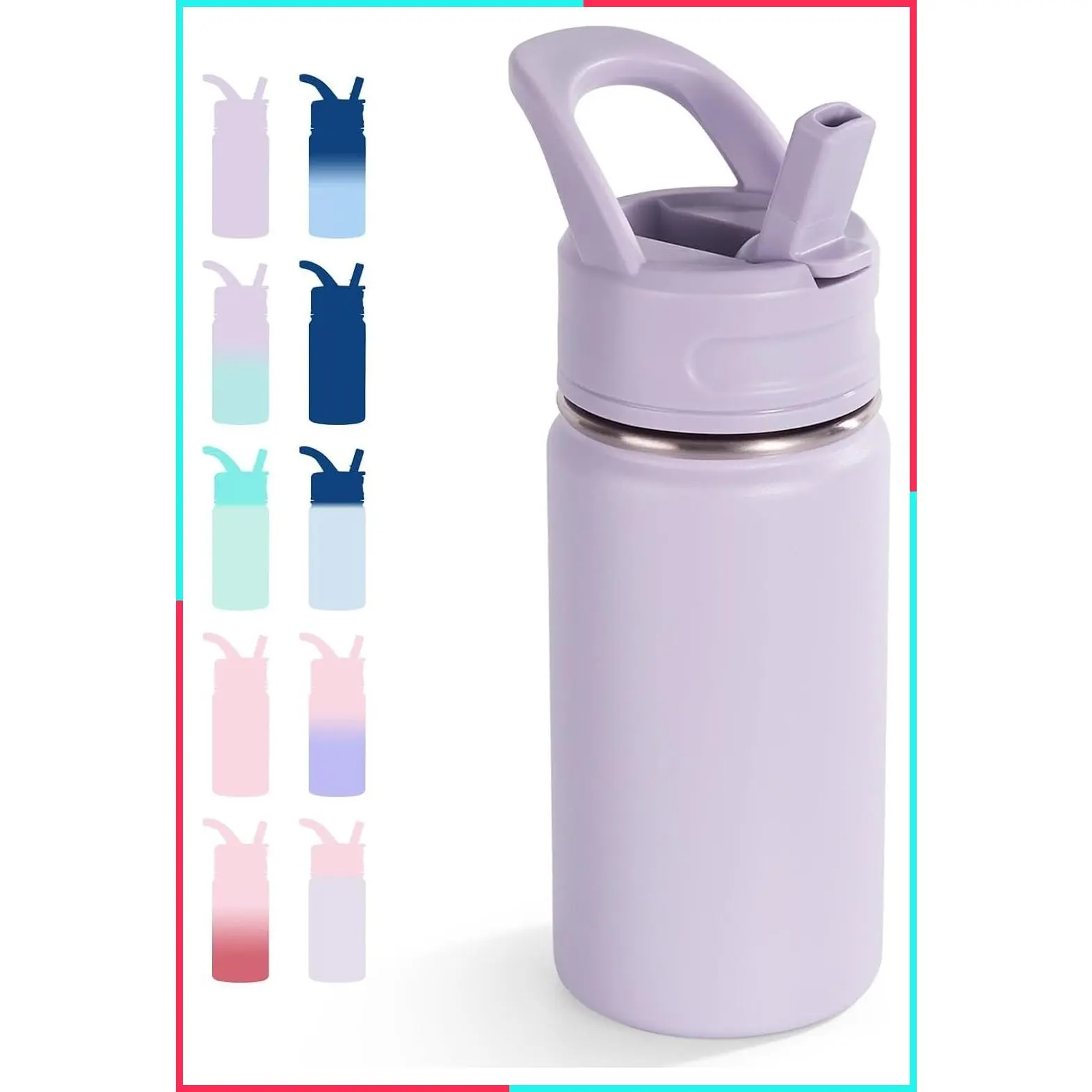 12oz Kids Water Bottle for School, Toddler Bottles with Straws, Stainless Steel Vacuum Insulated, Leak-Proof, BPA-Free, Purple for Boys & Girls