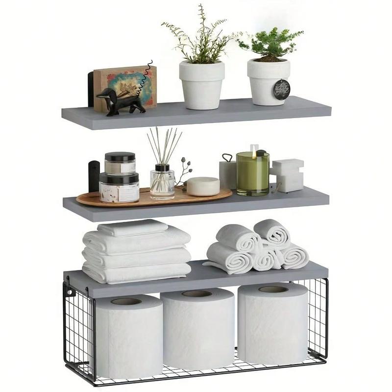 Minimalist Wooden Floating Shelf Set with Baskets, Stylish Wall Storage for Organizing Bedroom Living Room Kitchen, Wall Organizer Shelf, Eco-friendly Wooden Materials, Wall Shelf Unit