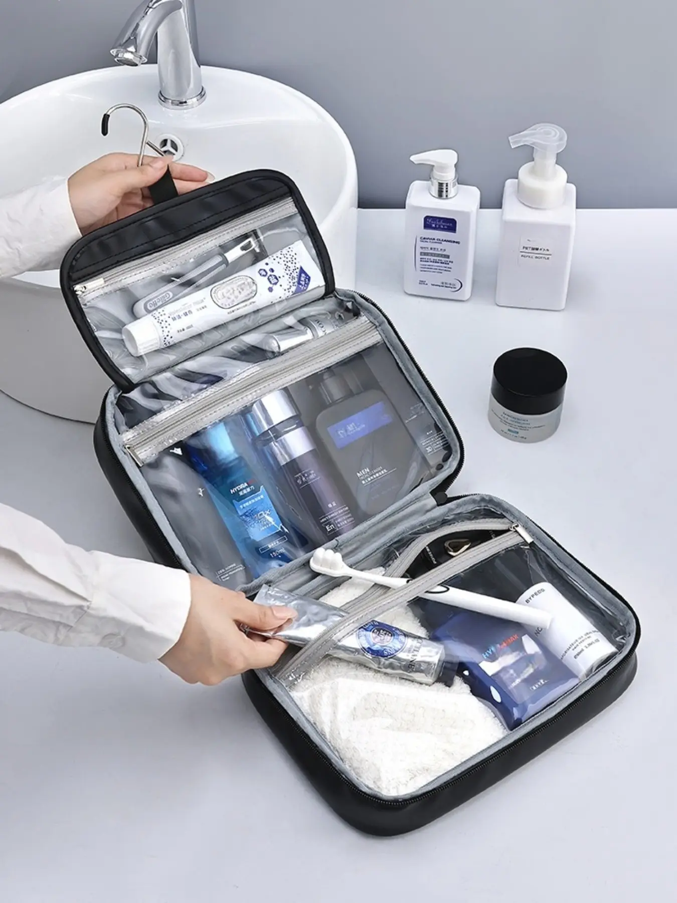 Men's Hanging PU Leather Toiletry Bag, Large Capacity Travel Shaving Dopp Kit, Multi Compartment Cosmetic Organizer, Portable Handheld Bathroom Storage Bag