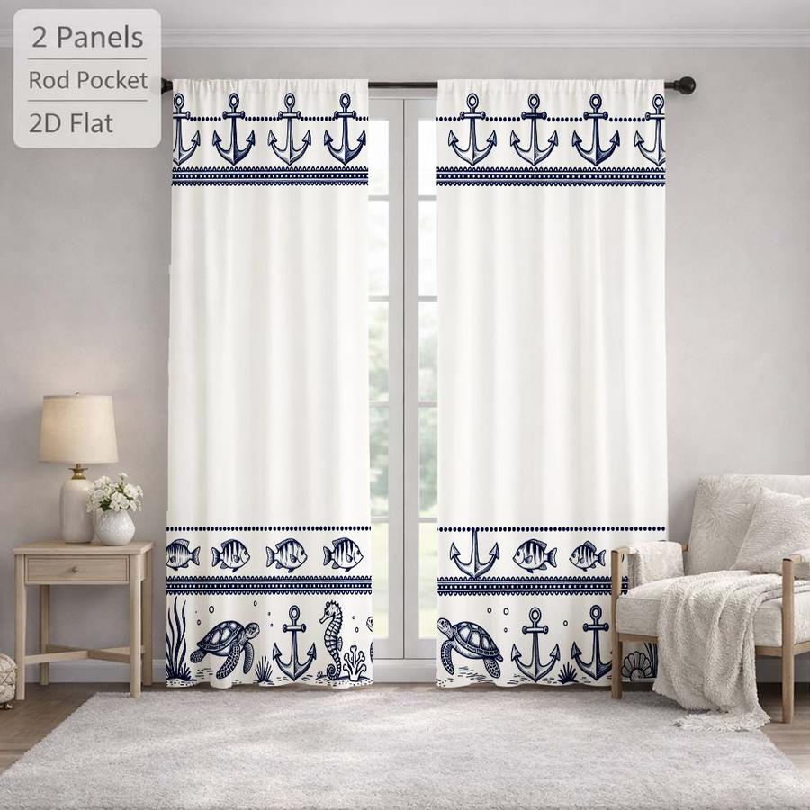 2Pcs Nautical Marine Ocean Anchor Turtle Fish Seahorse Sun Blocking Curtains Digital Printed Rod Pocket, Window Treatment For Bedroom Office Kitchen Living Room Study Home Decor