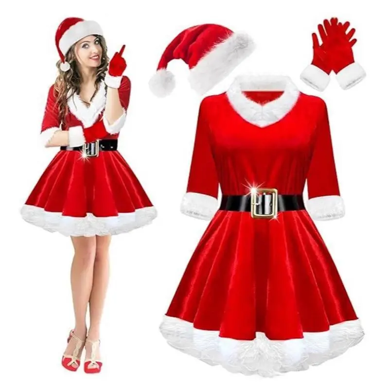2025 New Women's Red Velvet Half-Sleeve Dress & Suit, Christmas Festive Santa Party Outfit Full Set with Fur Hat, Gloves (Festive & Party Supplies)