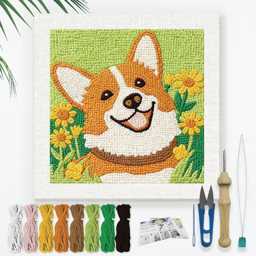 Cute Corgi Dog DIY Punch Needle Embroidery Kit for Adult Beginner, 9.4" Cartoon Animal Flower Punch Stitching Craft Set for Starter with Frame,Fabric Pattern,Threader, Yarn, Pinch Needle