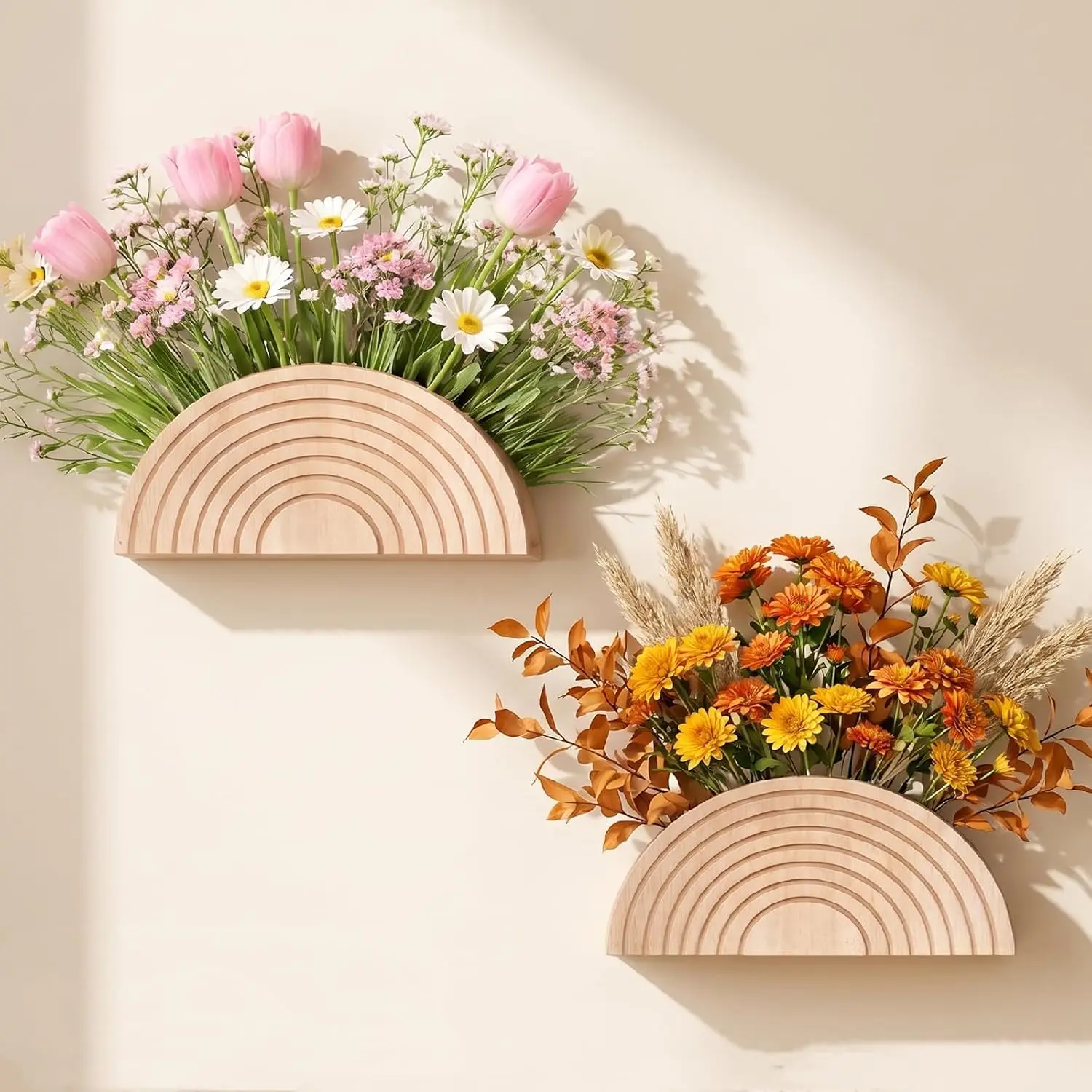 2 Pack Rustic Wooden Wall Vases,Boho Semielliptic Wall  Planters | 9x4.55" Wall Mounted Artificial Flower Vases for Living Room, Entryway & Bathroom, Modern   Decor Art