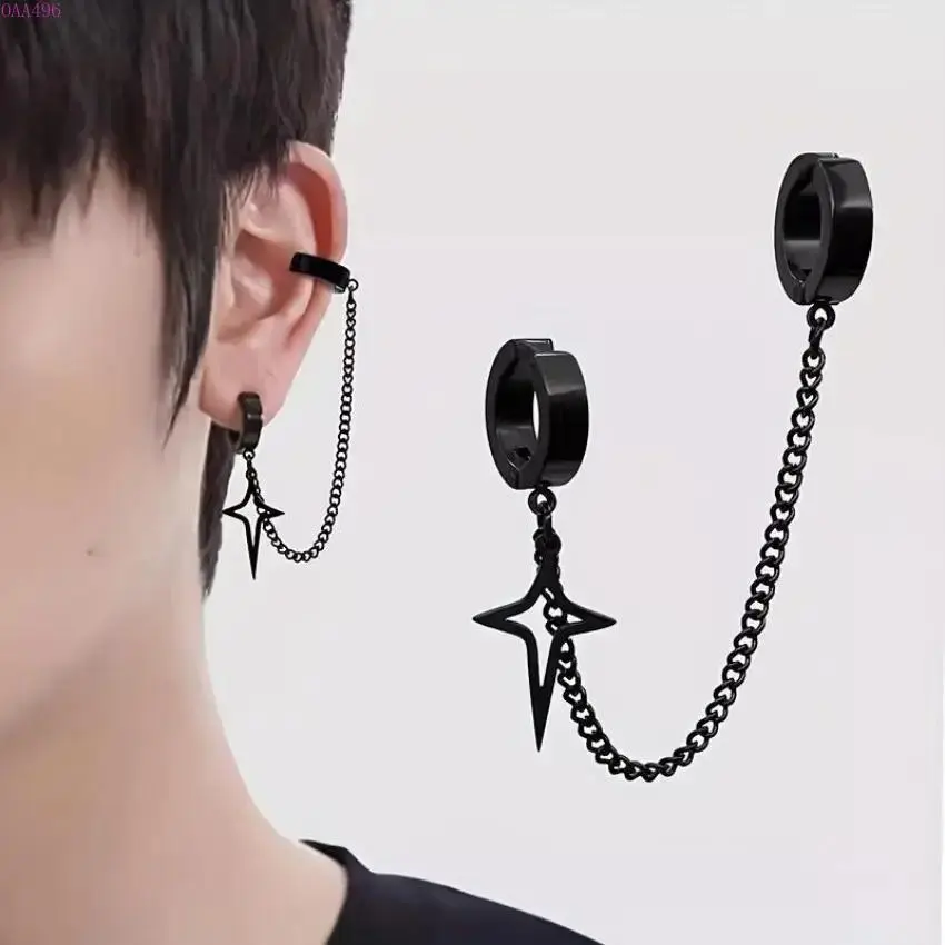 Men's Synthetic Cross Shape Ear Cuffs, Non-Piercing Clip-On Earrings with Chain for Edgy Look DIY Bag Accessories, Fake Piercings, Male