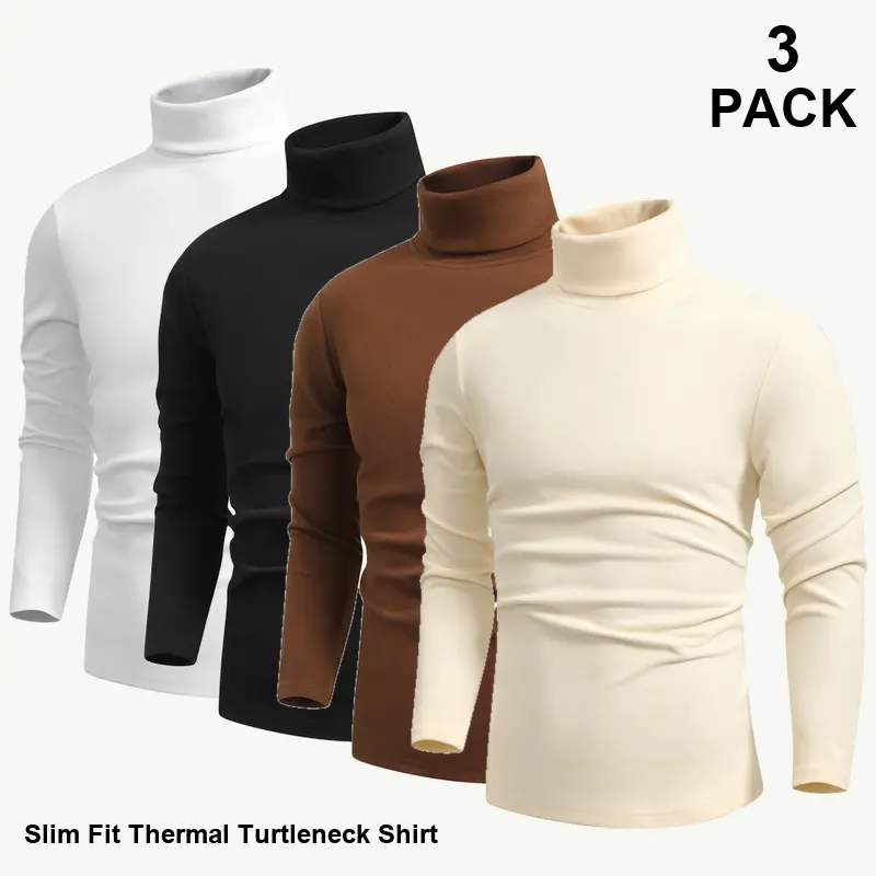 3-Pack Same Solid Color Men's Turtleneck Long Sleeve Sweatshirts, Relaxed Everyday Layering, Ribbed Finish, Casual Streetwear Multipack for Work Travel and Daily Outfits - W-18 Option 1