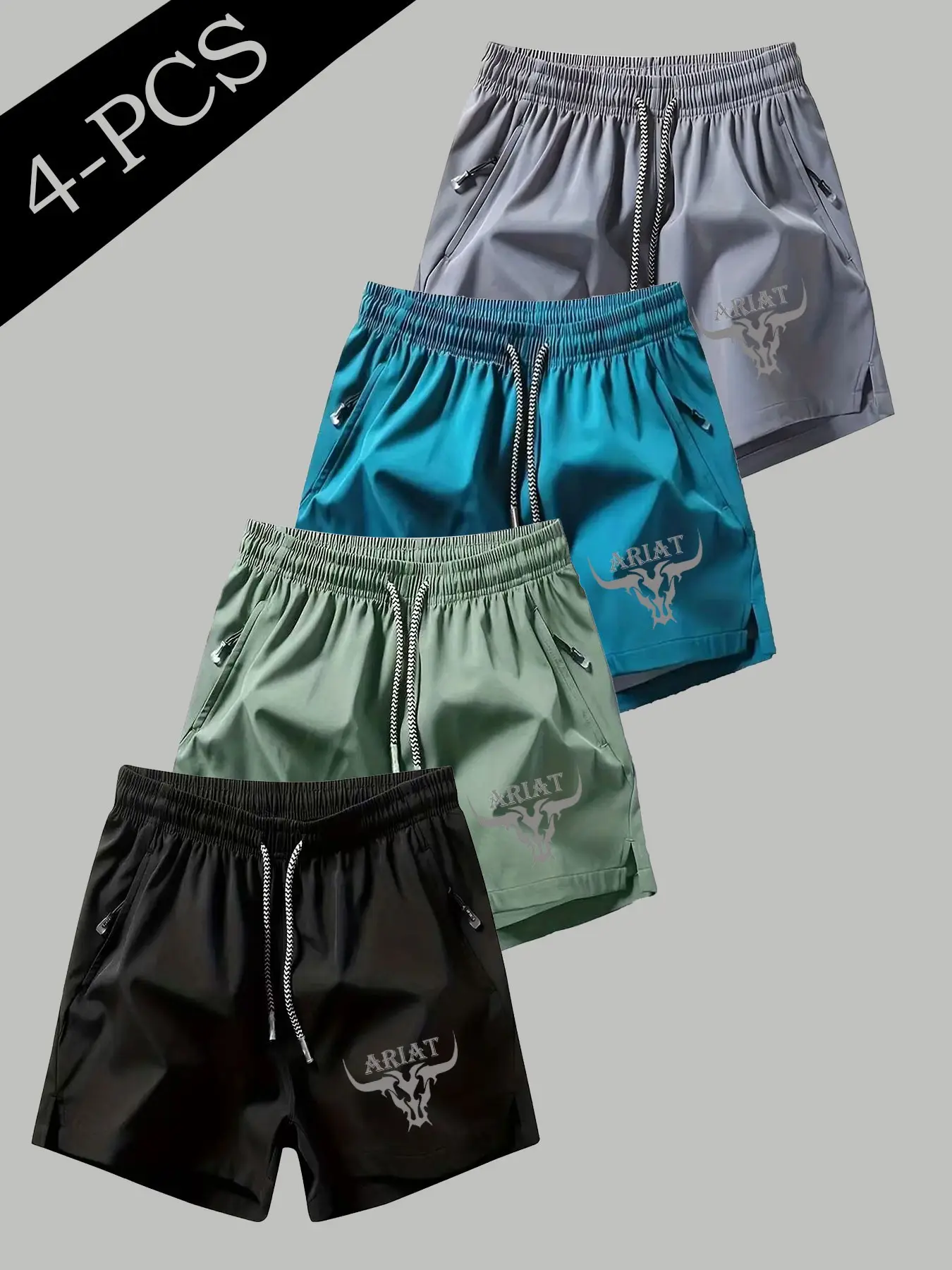Men's Breathable Ice Silk Quick-Dry Shorts, Western Bull Print, breathable workout shorts, Gym Training, Beach Vacation, Commute, Home Wear, Loose Fit, 4 Pairs