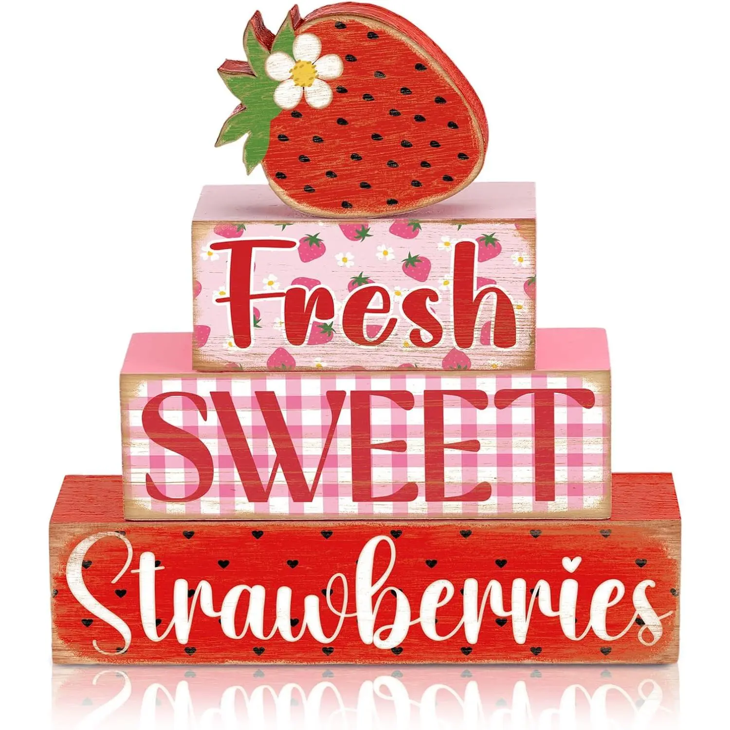 4 Pcs Strawberry Table Decorations Strawberry Table Centerpiece Farmhouse Fresh Sweet Wooden Sign Summer Tiered Tray Decor Books Stack Signs Block for Coffee Home Office Decorations Shelf