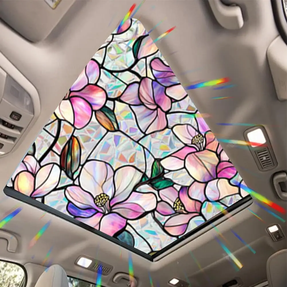 Magnolia Flower Sunroof Film Floral Rainbow Effect Static Clings Window  Film Sun Protection Stained Glass  for  Moonroof & Side Windows, 17.72 x 35.43 Inch