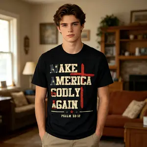 Men's Make America Godly Again Christian Round Neck T-Shirt - Psalm 33:12 Bible Verse, Cross Design, American Flag Colors (Red/White/Beige), Medium-Stretch Casual Fabric - Beach, Anniversary Wear