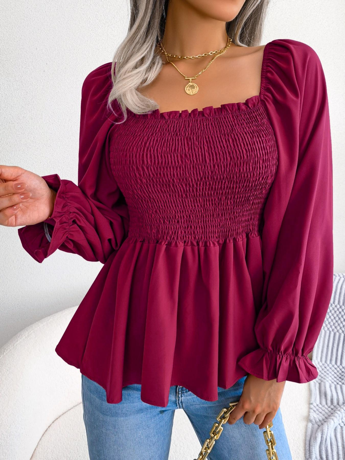 Superfancyfashion Women's Plain Frill Ruffle Shirred Square Neck Fitted Lightweight Chiffon Blouse Shirts, Solid Long Sleeve Flounce Sleeve Peplum Tops, Ladies Casual Clothes for Spring & Fall, Chic Elegance Style Womenswear
