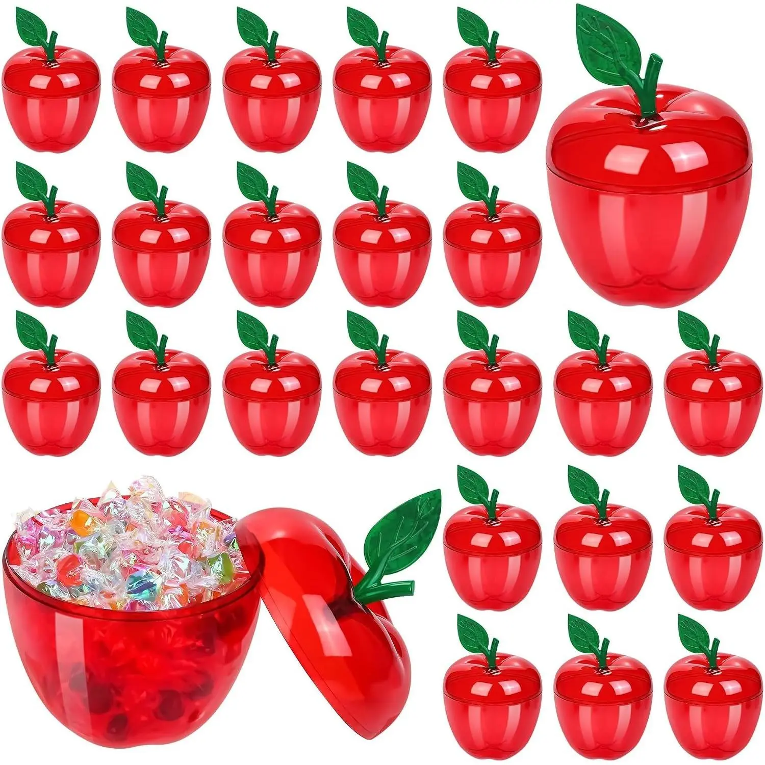 24 Pack Red Apple Container Teacher Appreciation Gift Candy Box Valentine Wedding Party Toy Large Filled Plastic Bobbing Apple Candy Jars with Lids Back to School Party Supplies