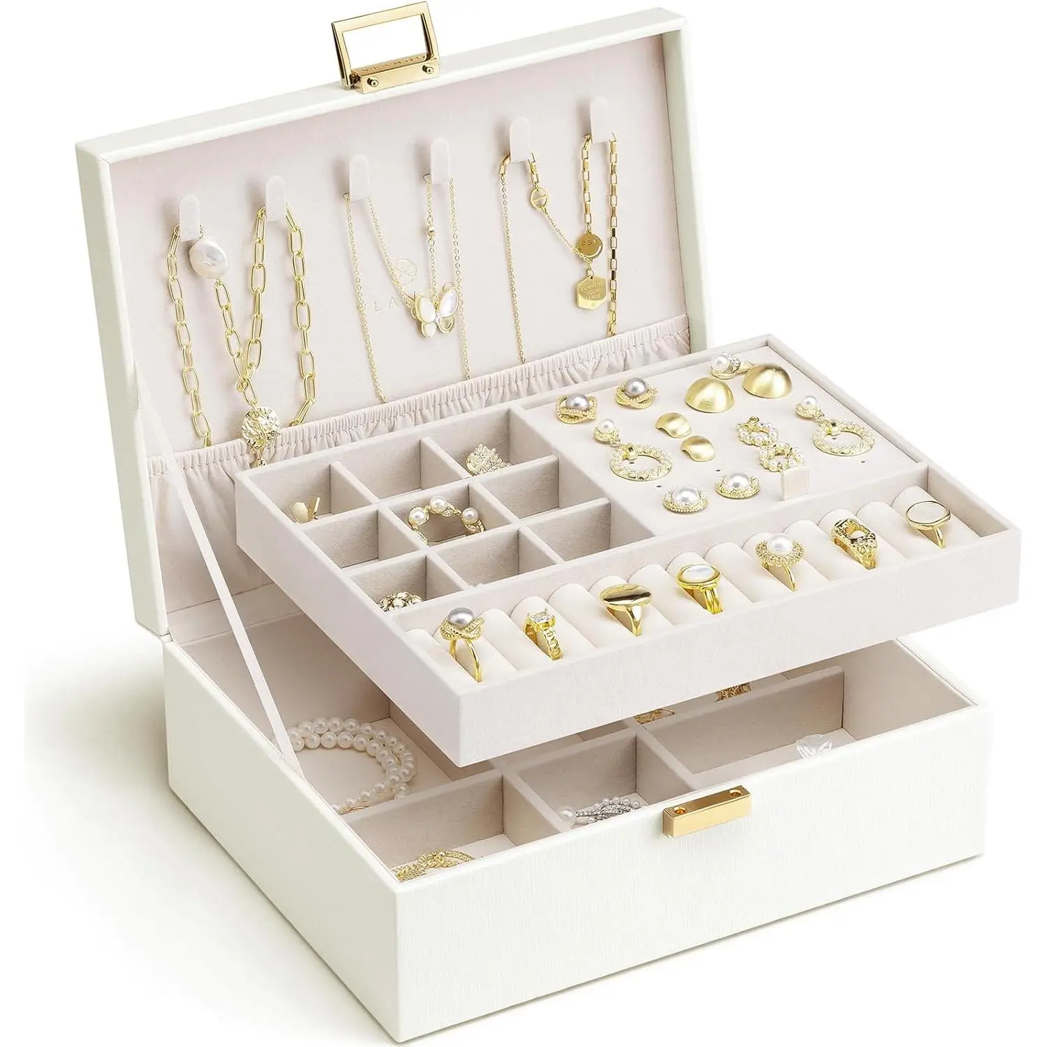 Jewelry Box for Women, Gift for Women Girls,2 Layer Jewelry Box,Large Jewelry Organizer for Women Removable Jewelery Tray for Necklace Earrings Rings(Cream White)