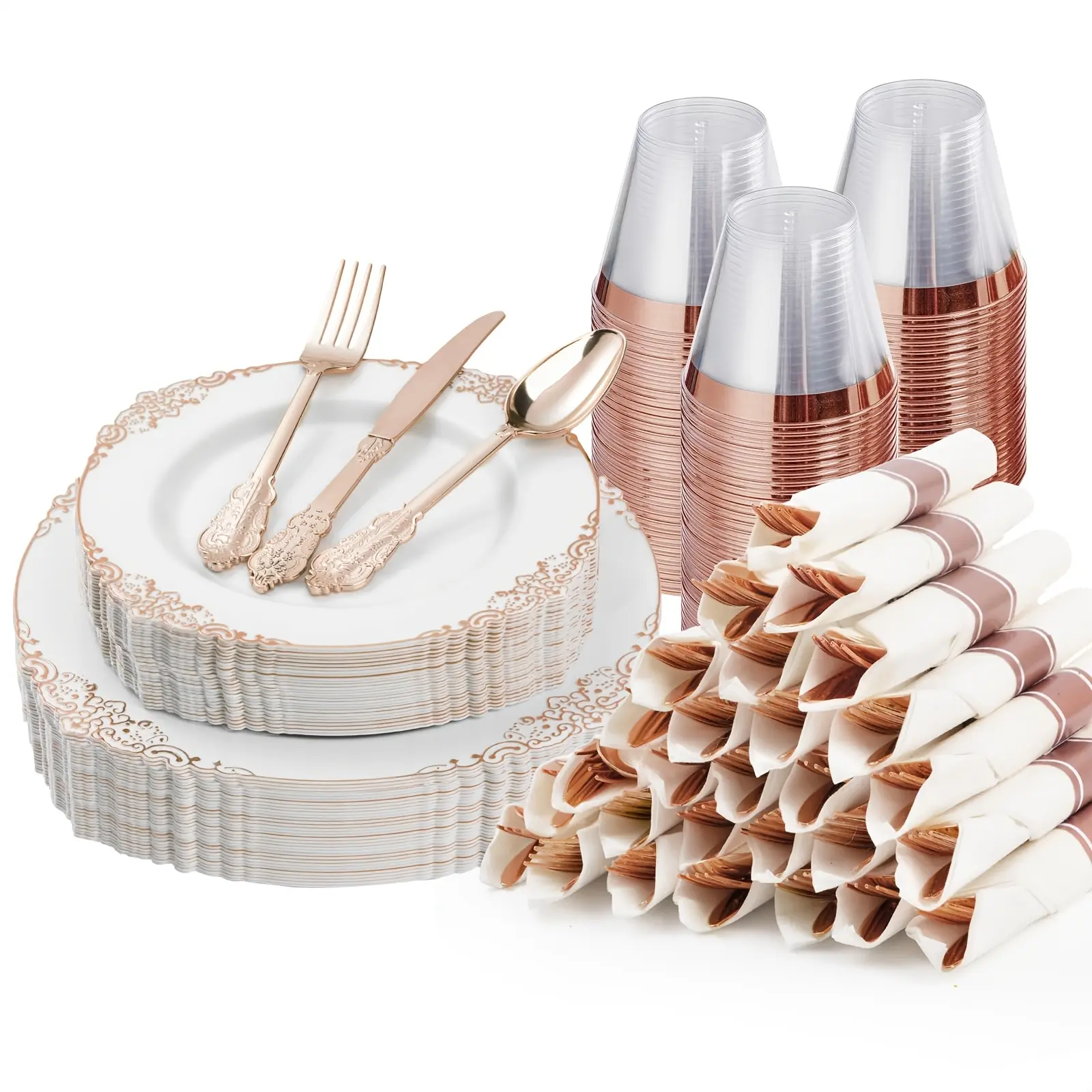 Rose Golden Disposable Dinnerware Set (175pcs for 25 Guests) - Plastic Plates, Silverwares, Cups, Pre-Rolled Napkins for Party, Graduation
