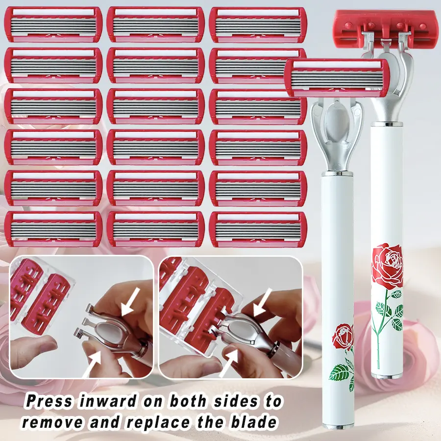 Elegant Floral Rose Women Safety Razor Kit, Hair Removal Set, Metal Non-Slip Grip Manual Shaver with 12 Pcs 6-Layer Sharp Blades, Gentle Smooth Shaving for Leg Underarm Bikini Area, Reusable Body Hair Removal Razor for Ladies, Easy Hair Removal