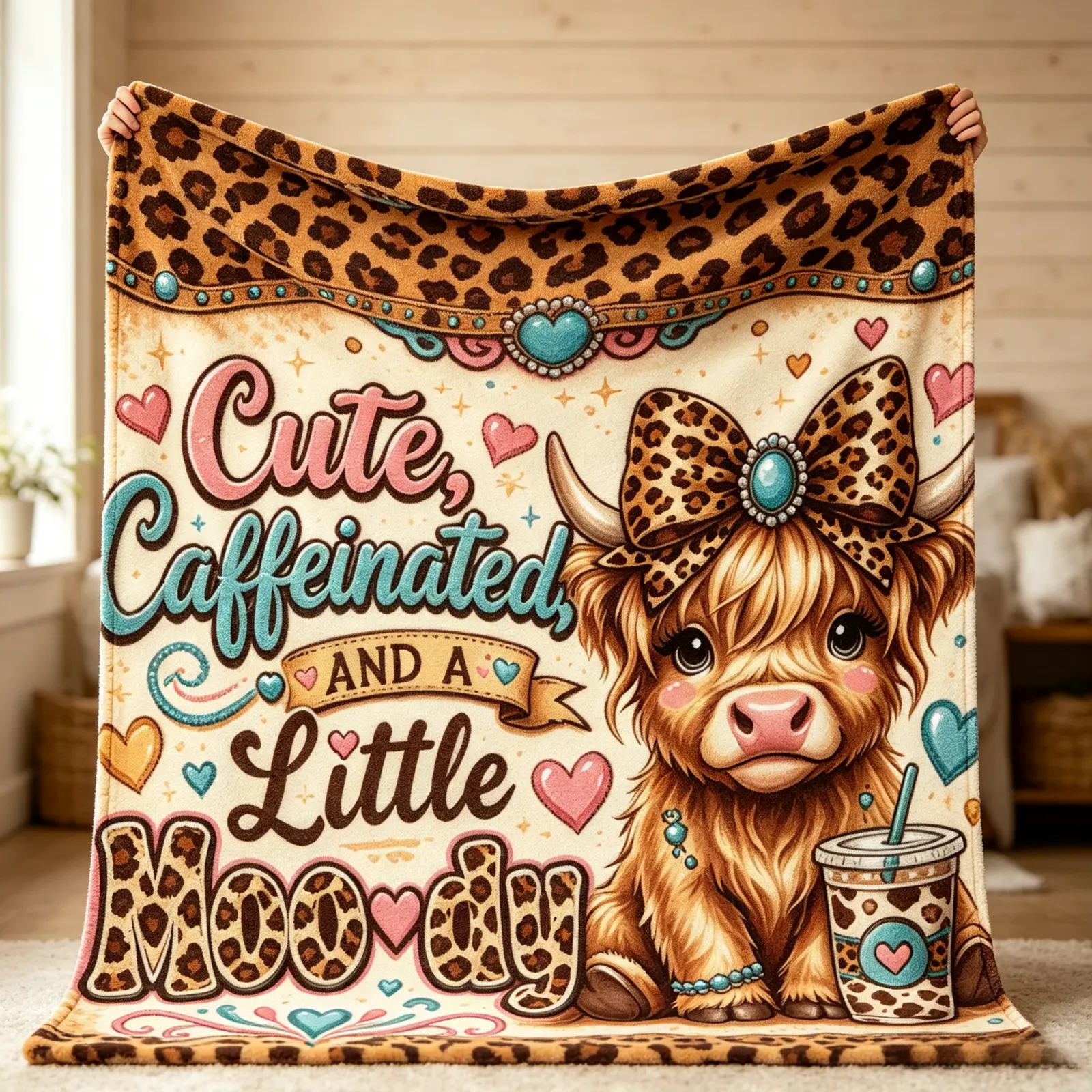 Vintage Leopard Print Cute Highland Cow Flannel Throw Blanket, Cute Caffeinated And A Little Moody Funny Slogan Coffee Cow Graphic Soft Warm Cozy Blanket, Multi-Purpose Sofa Bed Office Nap Camping Travel Blanket,Western Farmhouse Aesthetic Home Decor Gift