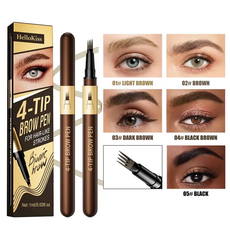 Hellokiss 4 Prong Liquid Eyebrow Pen Eyebrow Pencils Waterproof Sweatproof Quick Dry Micro Fork Tip Hair Like Strokes Fluffy Soap Brows Transfer Proof for Women
