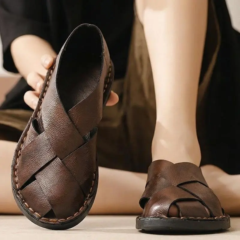 Men's Summer Classic Flat Woven Leather Slip-On Slippers - Hand-Stitched, Soft, Wide Fit, PU Upper, Non-Slip Rubber Sole, Round Toe, Roman Look, Breathable, Cool Hollow Out, Sweat-Free Steps, Durable, Minimalist, Casual, Large Sizes Ankle Footwear