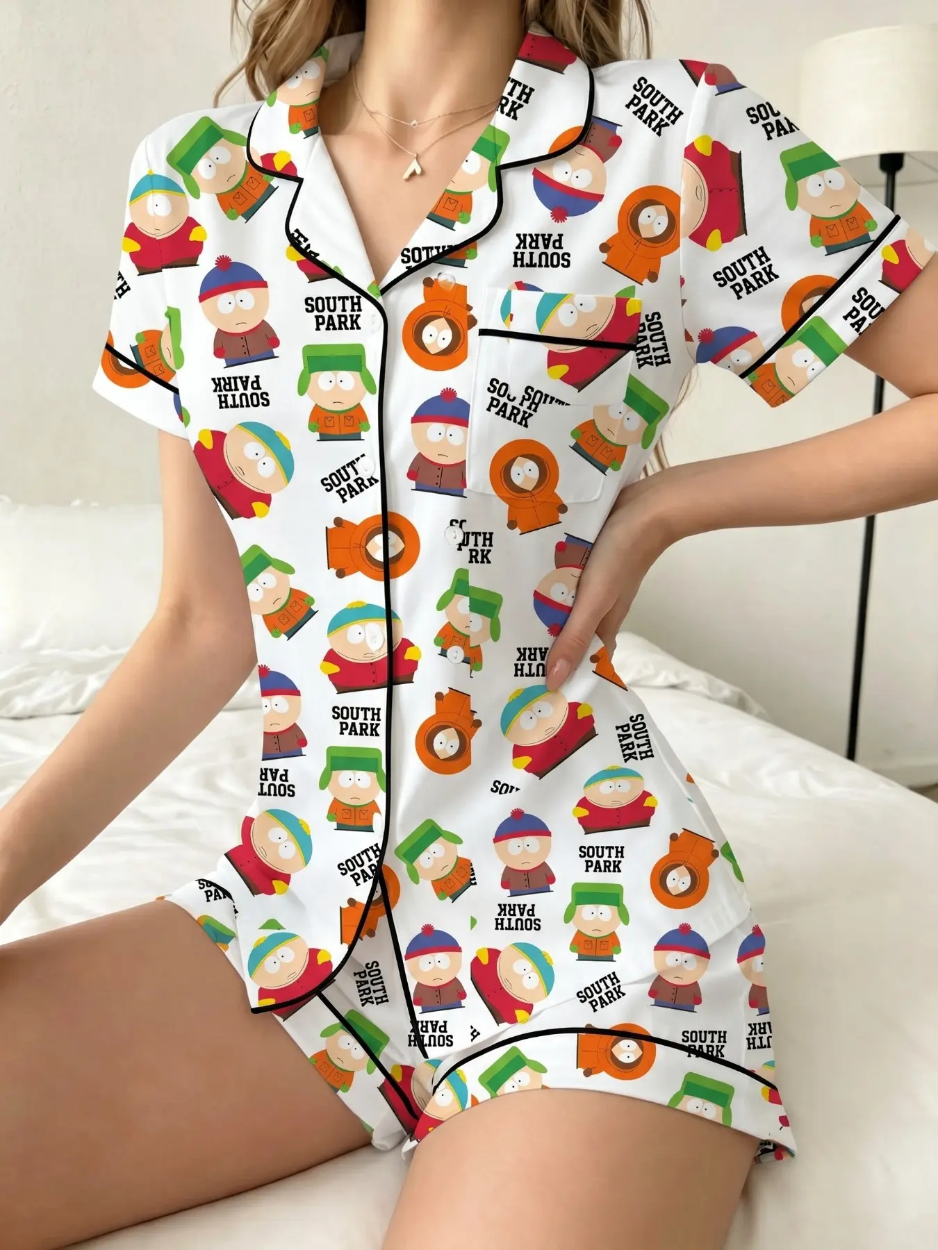 Women's Pajama Set, Lounge Pjs Set, Collared Sleepwear, South Park Pattern Print, Comfortable Nightwear, Loungewear, Soft Fabric, Casual Loose-Fitting, Short Sleeve, Above Knee Hem