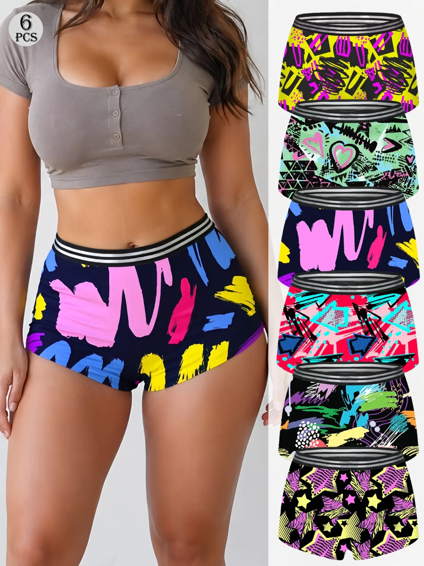 Morvia 6 Pack Bold Neon Graphic Boyshort Panties, Y2K High Waisted Underwear, Smooth Stretch Fit, Lounge, Sleep, Daily Wear