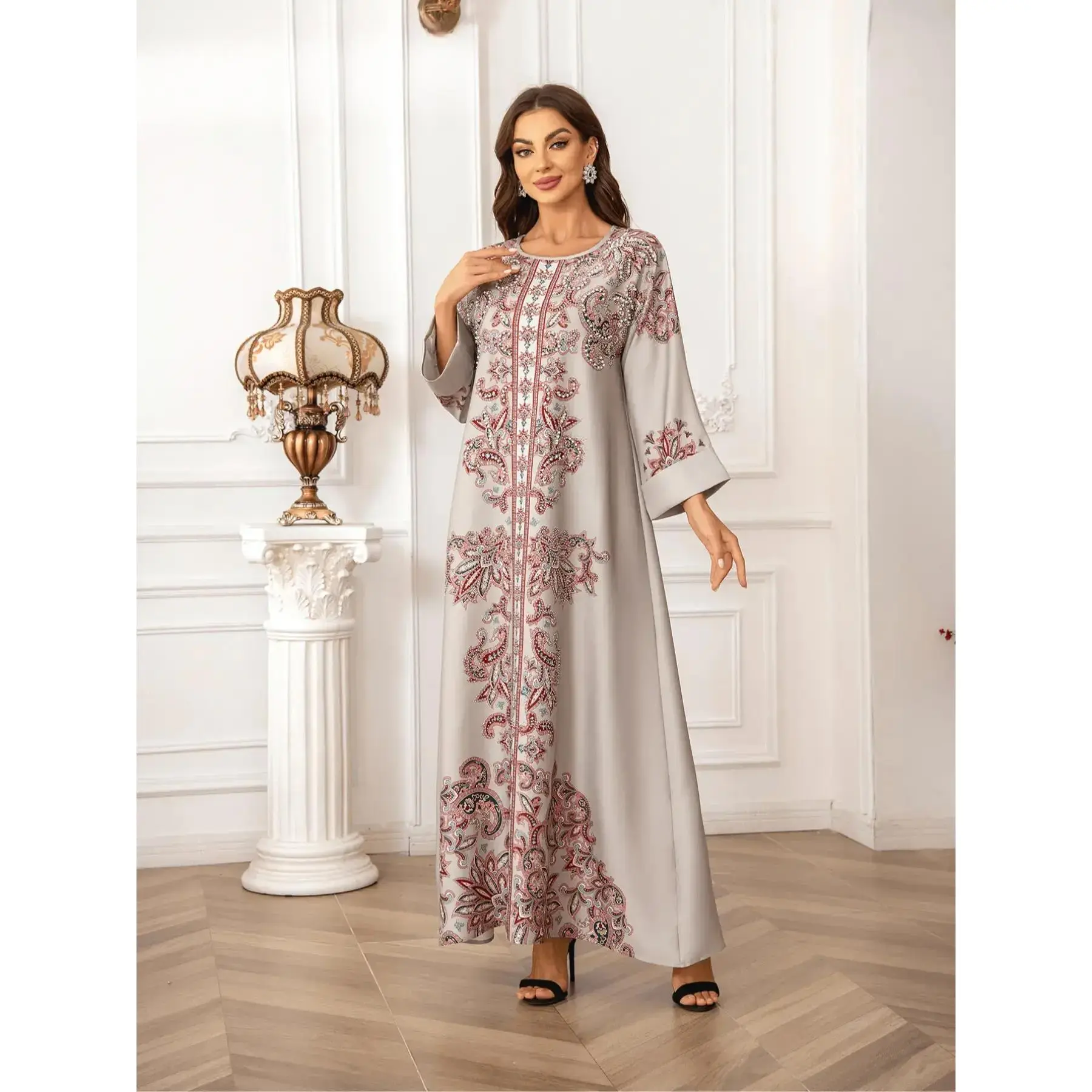 Elegant Boho Muslim Women's Long Robe Caftan, All over Print, Loose-Fitting, Round Neck, Flap Sleeves, Long Sleeve, All Seasons, Maxi, Kaftan Style, Muslim Kaftan