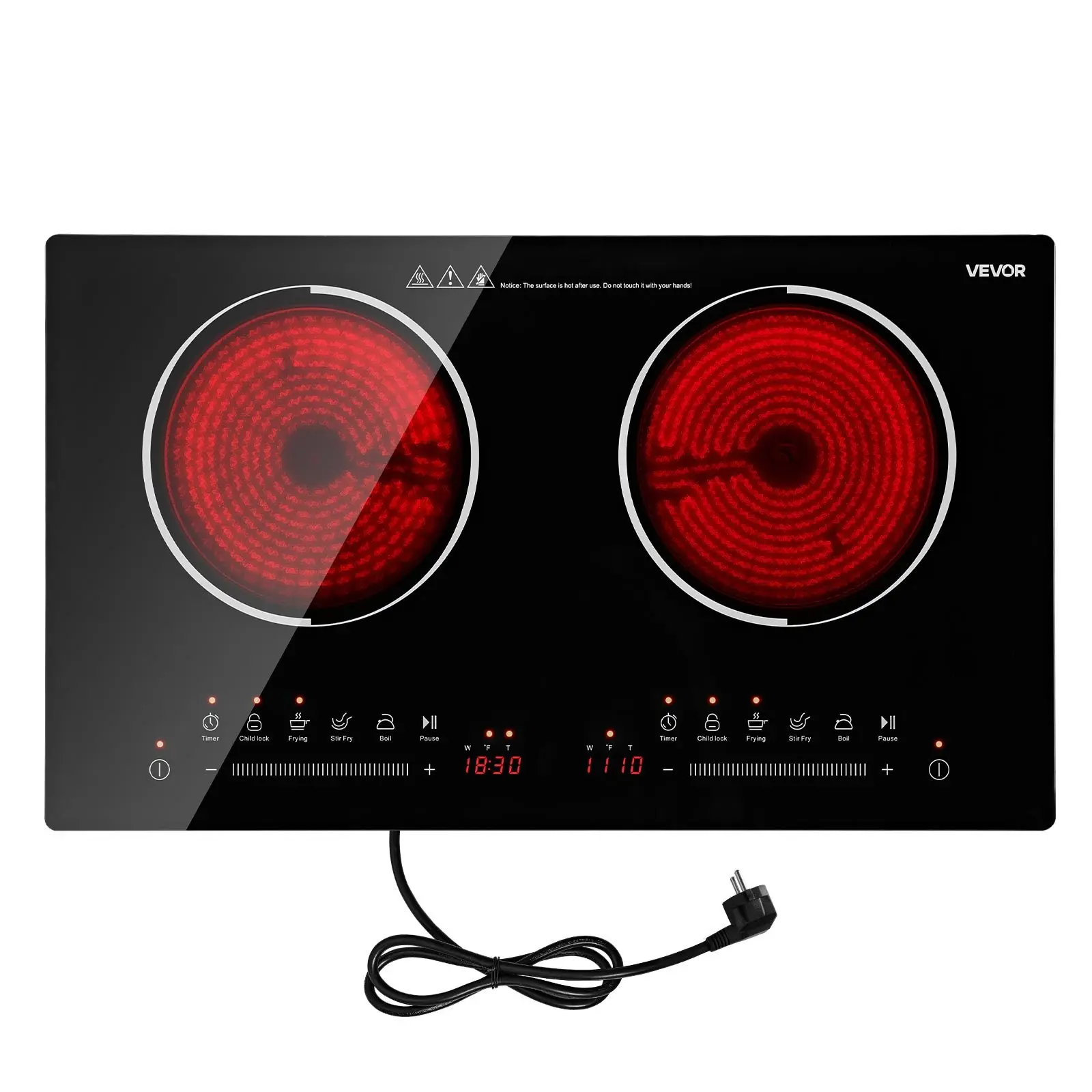 VEVOR 24 in Ceramic Electric Cooktop, 2-Burner Portable 1800W 120V US Plug Stove Top, Countertop/Built-in Radiant Stove with 9 Power Levels, Timer, Child Lock, Over-Heat Guard, Touch Control