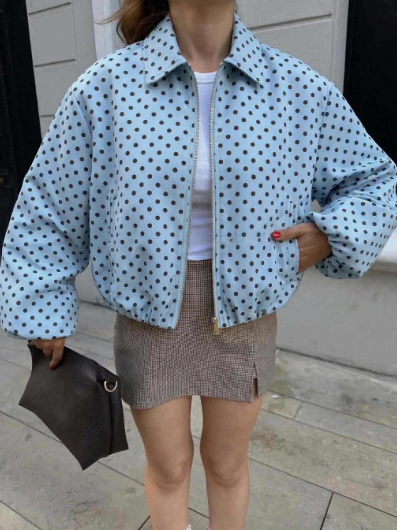 New Fall Winter Puff Sleeve Zipper Jacket, Versatile Commuter Polka Dot Coat, Stylish Fashion Casual Outerwear for Daily Wear, Trendy Fashion Piece