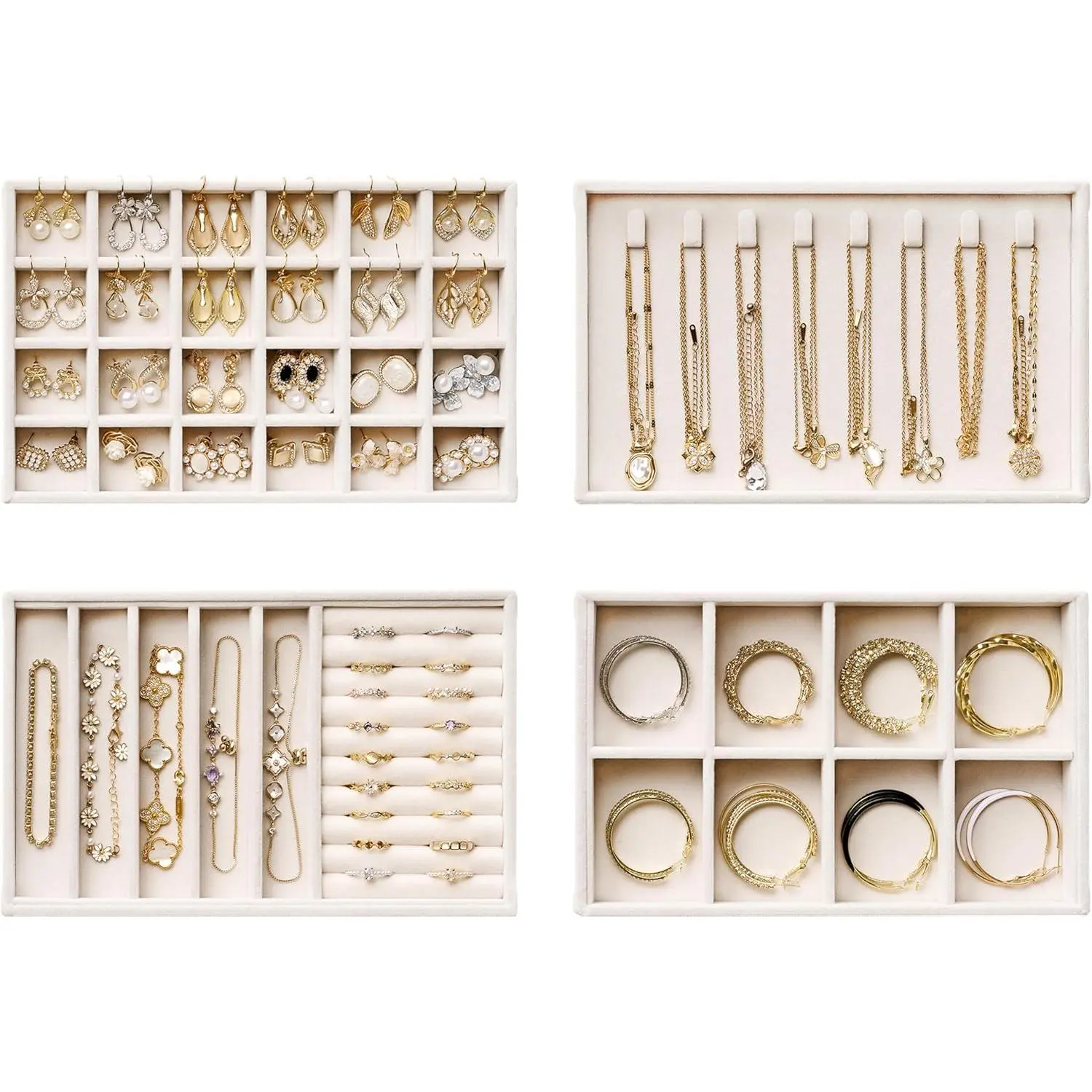 Drawer Organizer Trays - 4-Layer Stackable  Storage Inserts Set, Beige  Tray Set for Earrings, Rings, Necklaces, Bracelets with Removable Dividers for Dresser &