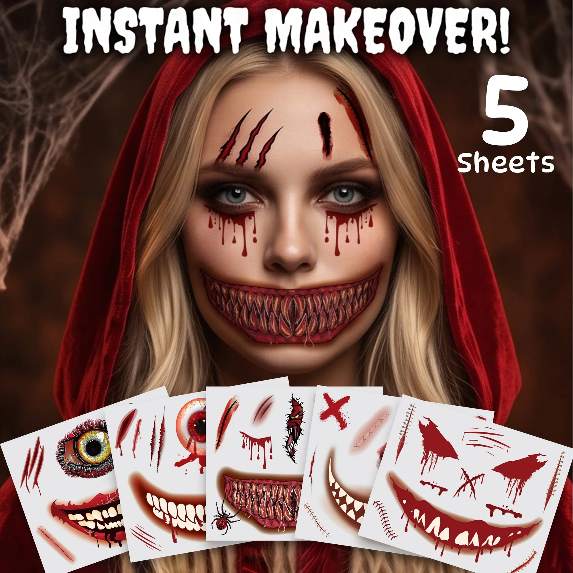 5 Sheets Scary Mouth Face Temporary Tattoos, Halloween Prank Makeup Stickers, Eye & Face Decor for Adults, Skull, Spooky Smiley, Clown & Scar Patterns, Day of the Dead Decor, Waterproof Sweat‑Resistant Costume Accessories for Men & Women, DIY Prank Props