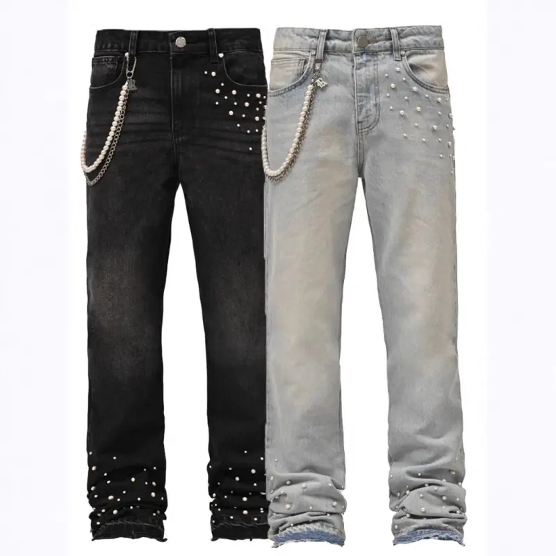 Men's 4-Way Stretch Straight-Leg Denim Jeans - Fashion New Arrival All-Season Snug-Fit Stacked Streetwear Pants with Pockets, Beige FZ13963