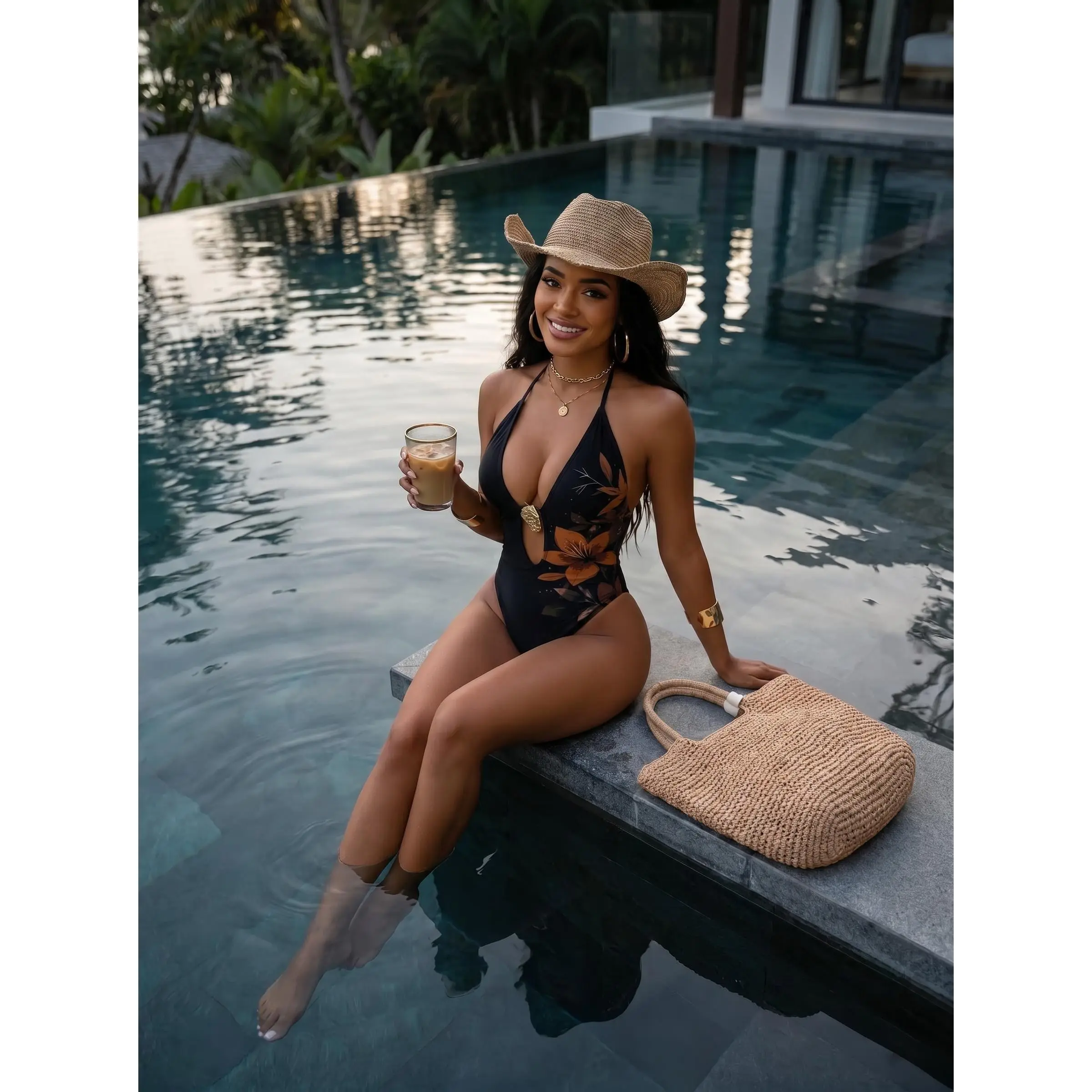 Women’s Black & Brown Vintage Floral Print Halter 1-Piece Swimsuit - Deep V-Cutout, Metal Buckle, Tummy Control, High-Cut, Backless, Quick-Dry Slimming Bathing Suit for Beach, Pool Party, Tropical Vacation