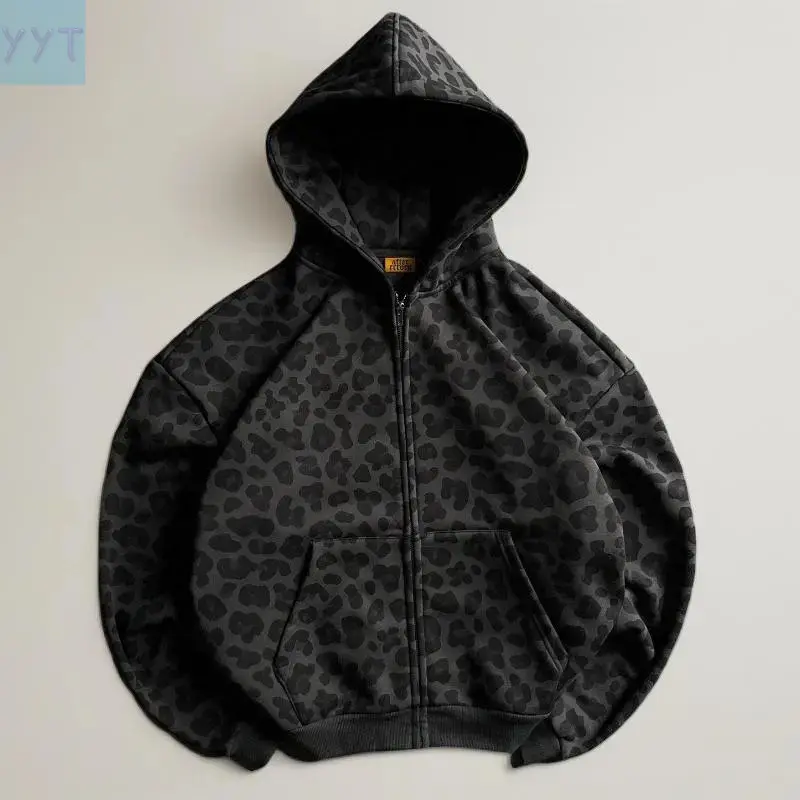 YYT1 Fashion Zipper Hoodie Leopard Print Sweatshirt Streetwear Retro Dark Slim Fit Unisex Loose Fit