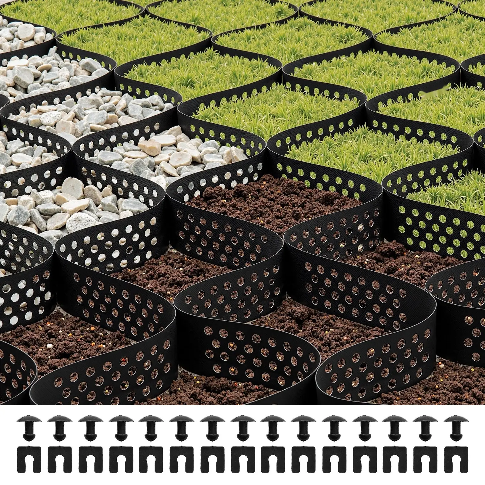 Outdoor Plastic Geocell Ground Grid - 3-In Depth, 17.06X8.86 Ft (5200X2700 Mm) for Gravel Driveways, Slopes, Landscaping, Soil Erosion Control, Ground Reinforcement, Subgrade Base Support, Drainage
