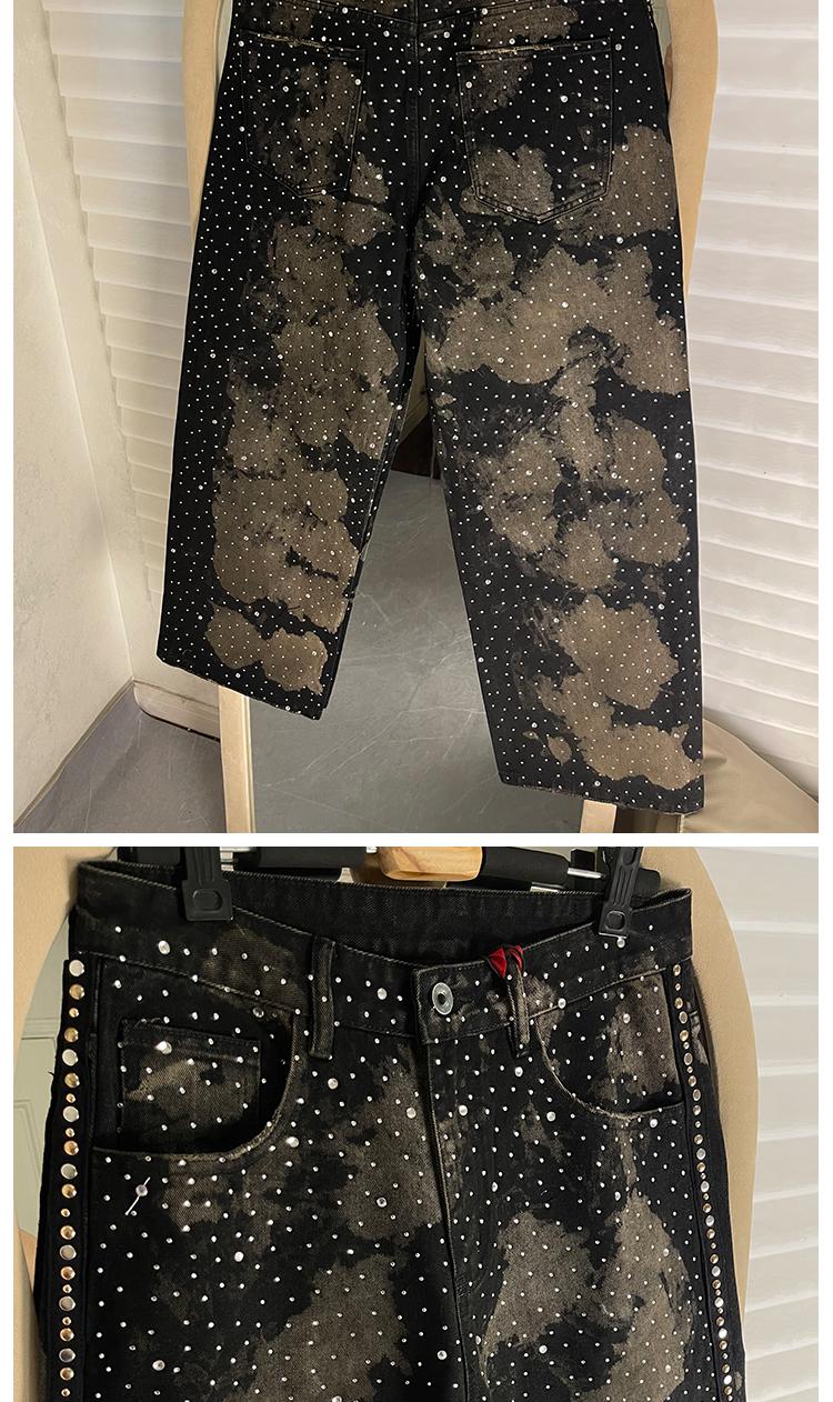 Parisian Sle Heavy Du Rhinestone Rivet Denim Jeans Loose Straight Leg Wide Leg Pants ex American Retro Trendy Brand