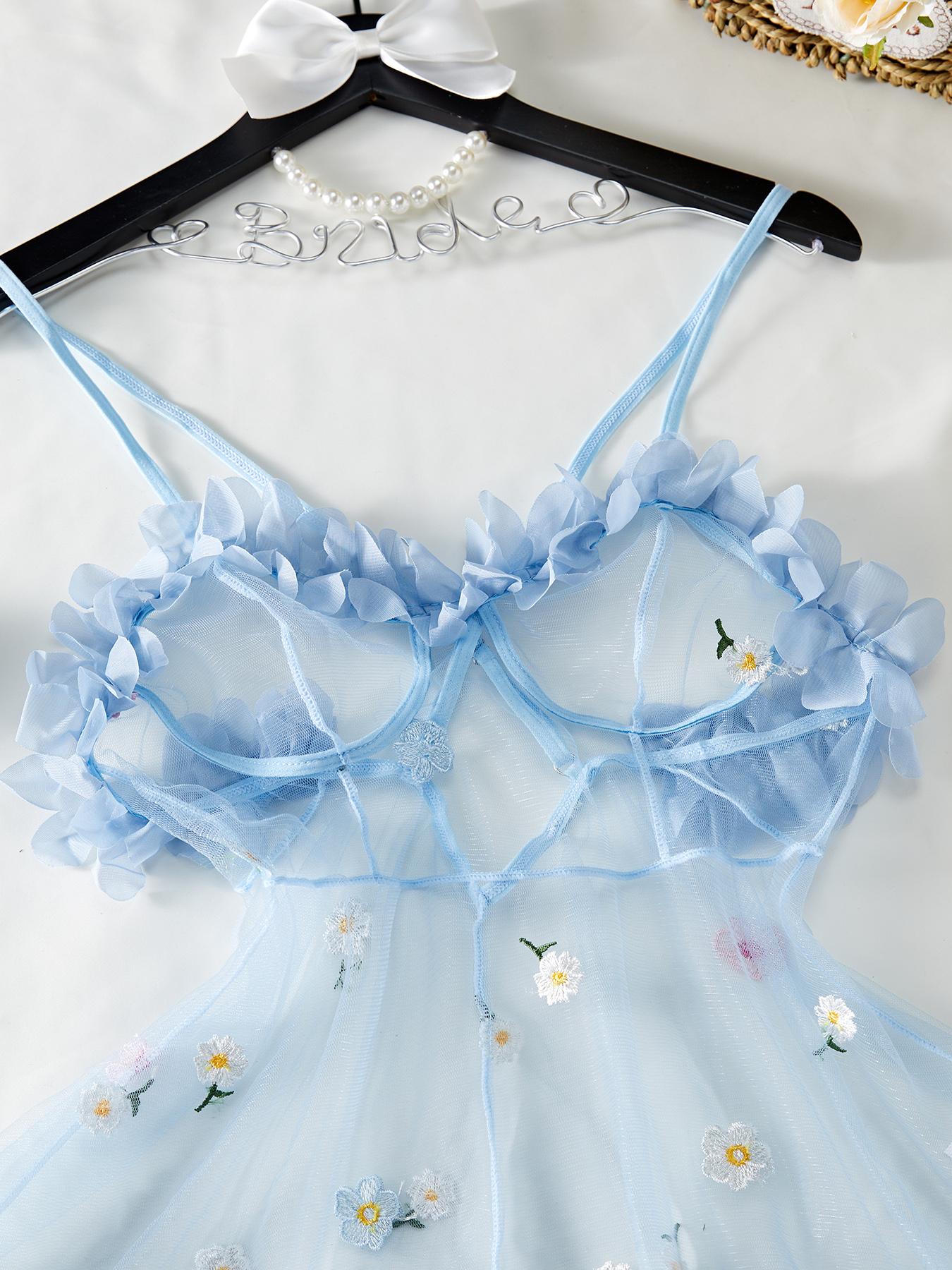 Women's Floral Embroidery Ruffle Hem Cami Nightdress, Adjustable Spaghetti Strap Criss Cross Backless Sheer Nightgown, Soft Comfortable Sleepwear for Women, Strap Chemise Nightgown