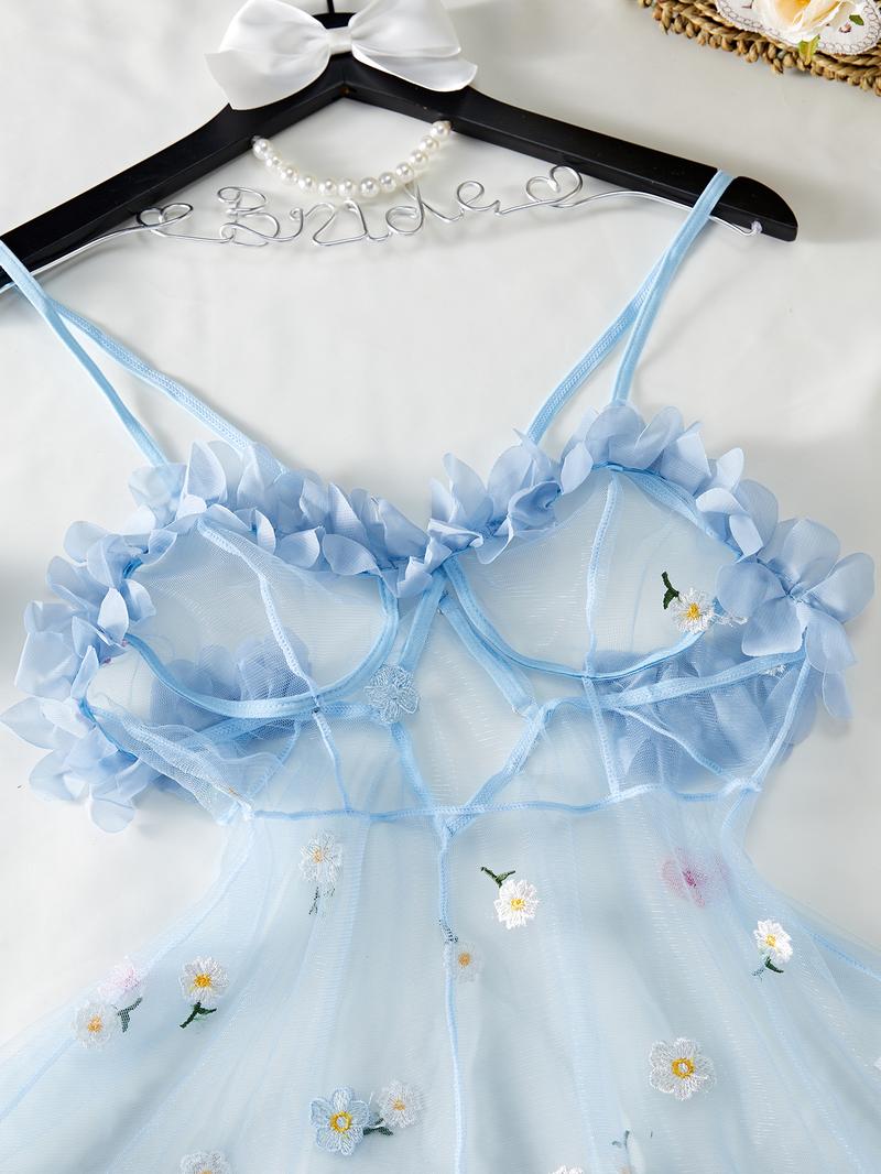 Women's Floral Embroidery Ruffle Hem Cami Nightdress, Adjustable Spaghetti Strap Criss Cross Backless Sheer Nightgown, Soft Comfortable Sleepwear for Women, Strap Chemise Nightgown