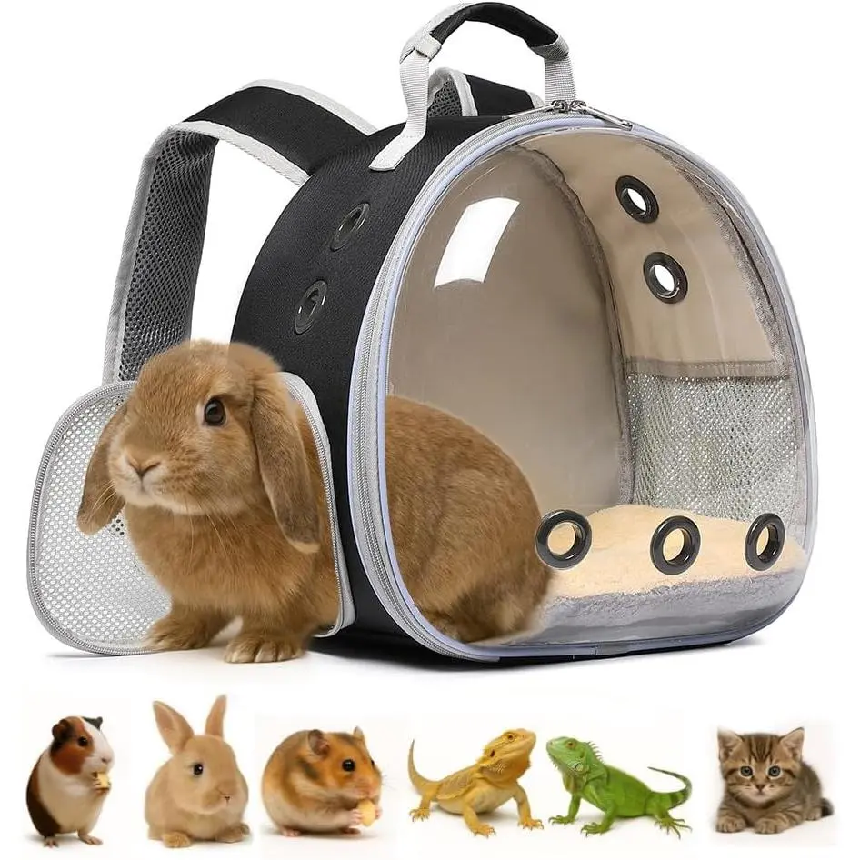 Bunny Carrier, Guinea Pig Carrier,Small  Carrier Backpack for ,Bearded Dragon, Lizard,Hamster,Kitten. Breathable  Travel Cage Bag  for Vet Visits & Outdoor Adventures (Black)