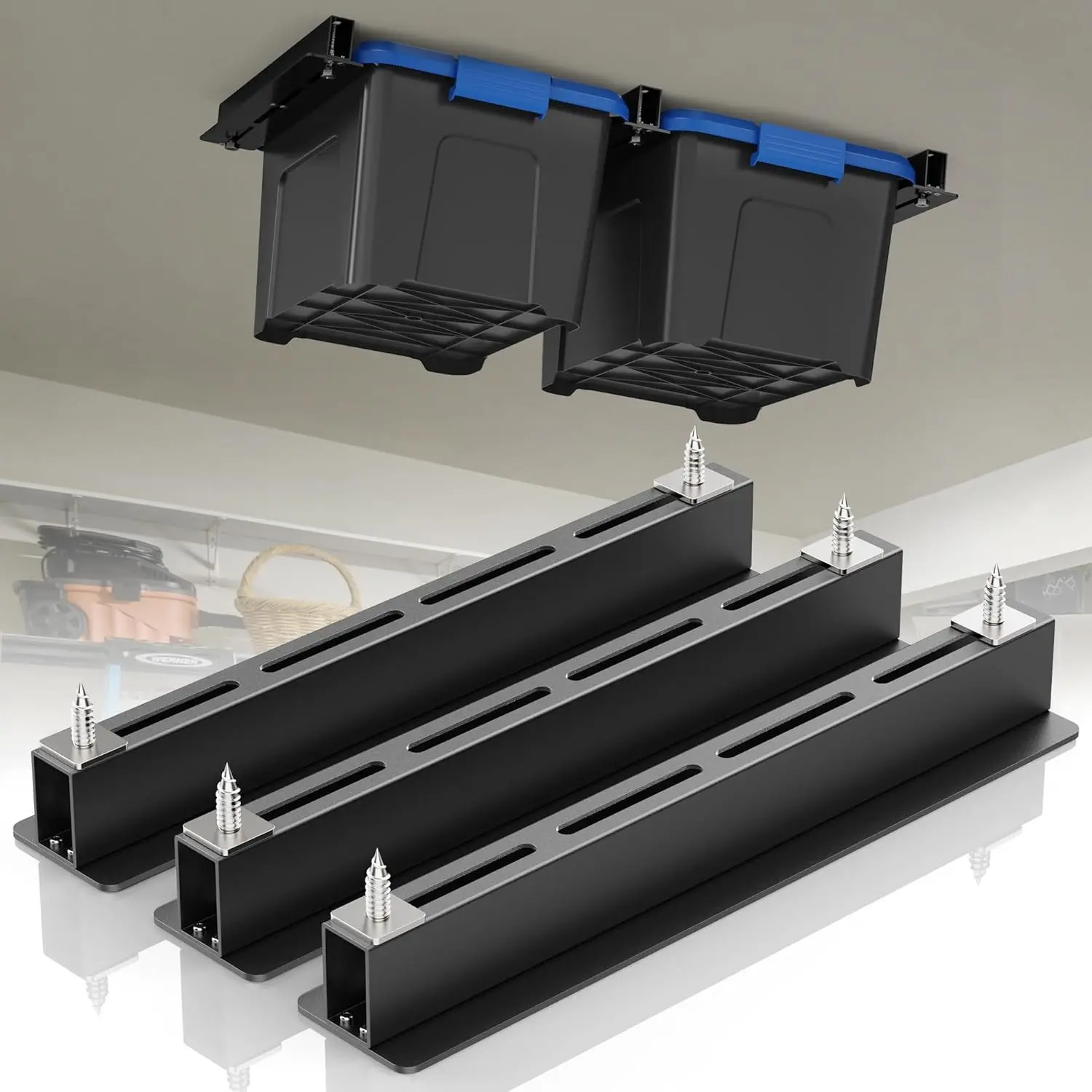 Overhead Garage Ceiling Storage Rack System, Heavy Duty Ceiling Rails for 27 Gallon Totes, Black (3 Sets for 2 Bins)