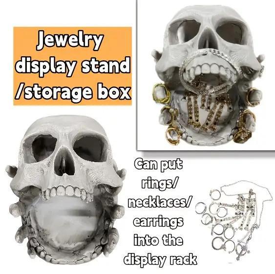 Gothic Skull Jewelry Organizer Box - Halloween Gothic Decor with Multiple Compartments & Necklace Hooks, Resin Desktop Storage for Rings/Earrings, Artistic Home Decor Accessory