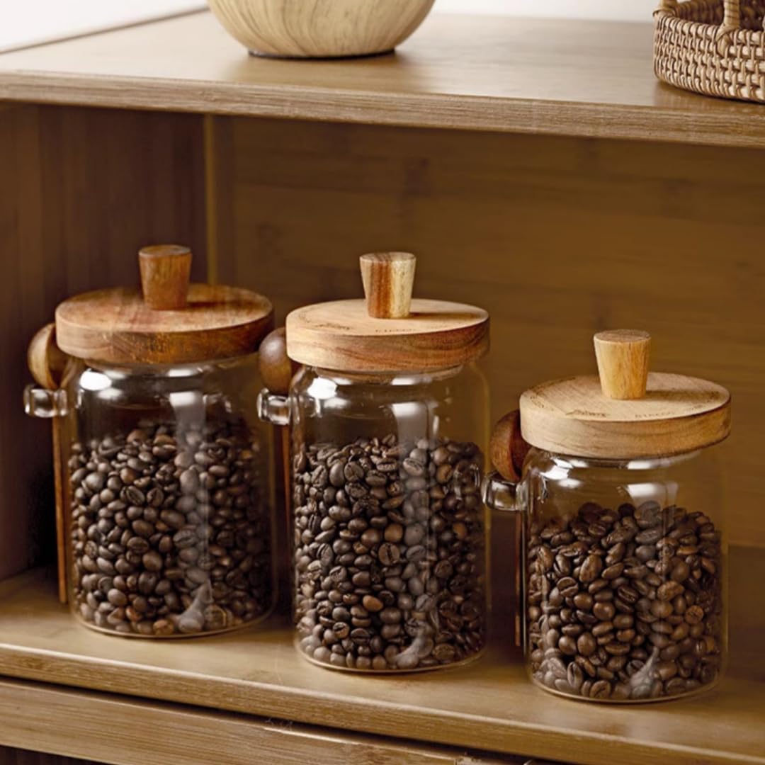 MIUVA Set of 4 Coffee Jars, Tea Canister Glass Food Storage Jar with Wood Lid and Spoon Airtight Sealed Clear Canister Kitchen Storage Jar Container for Coffee Bean Loose Tea Nuts Coffee Sets Stock Up Value Pack Spring Kitchen Gadgets