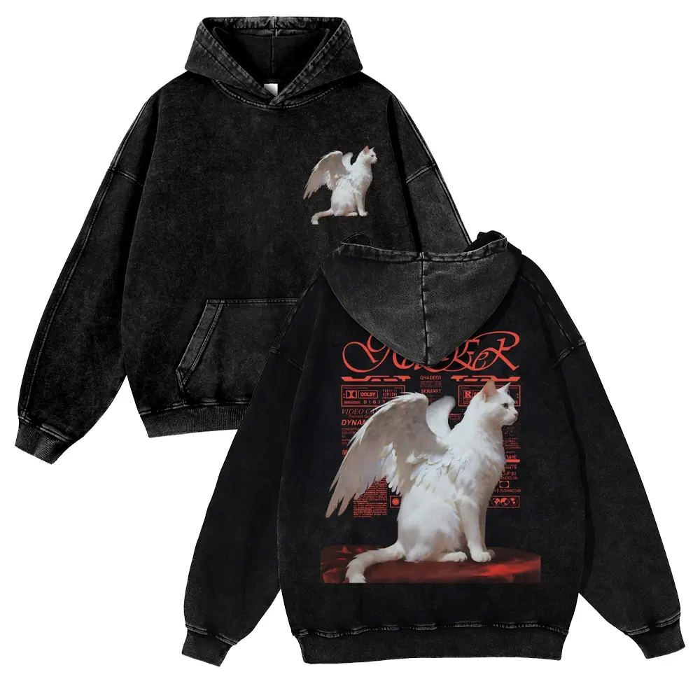 Angel Cat Wings Graphic Hoodie Vintage Acid Wash Oversized Sweatshirt Y2K Streetwear Unisex