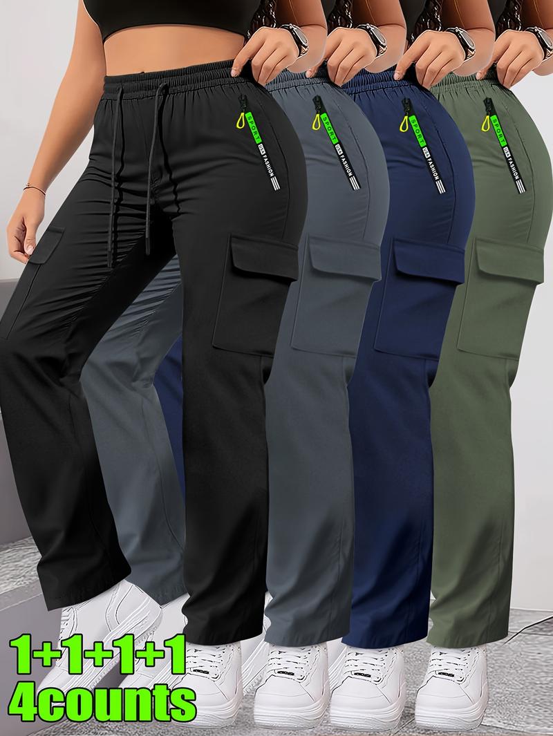 4pcs Women'S Spring/Autumn Cargo Pants | Fashion Large Pocket Design with Drawstring Elastic Waist, Casual Outdoor/Daily Wear Long Pants, Solid Color, Regular Fit by HIDKAT